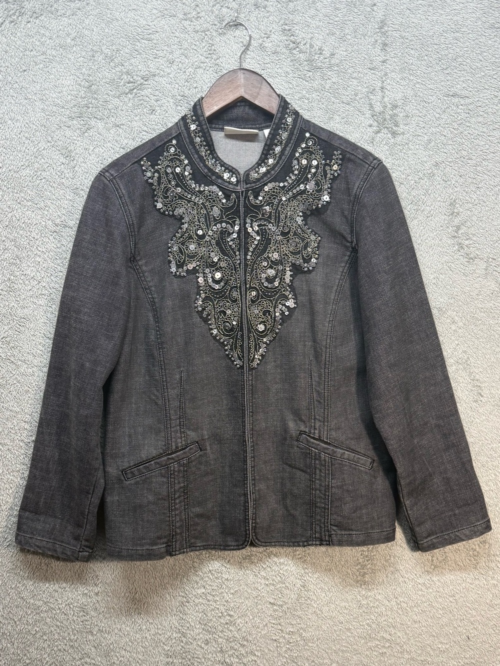 Chico's Platinum Embellished Grey Denim Jacket Sequin Paisley Boho